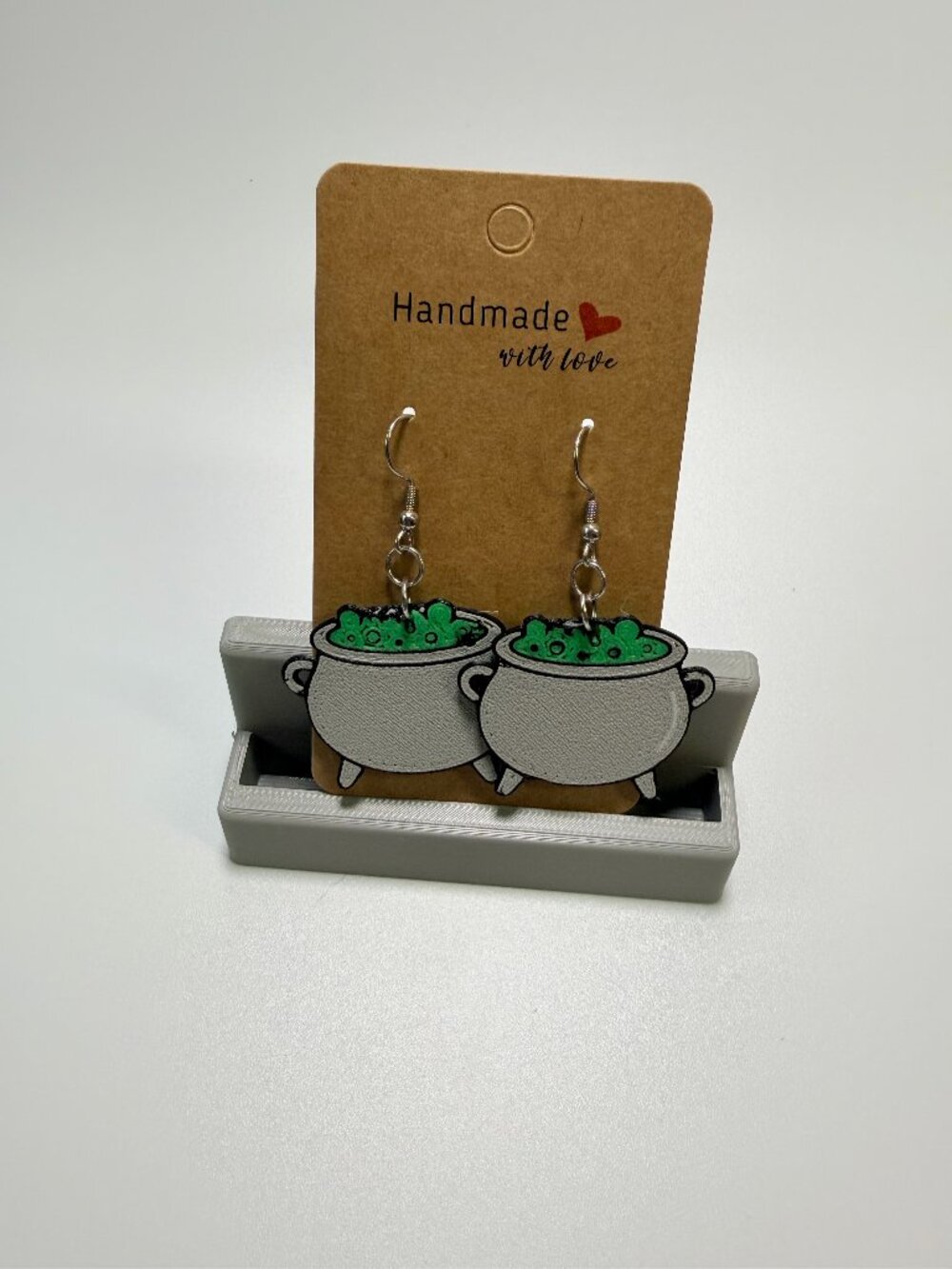 Witch Cauldron Halloween Dangle Earrings 3D Printed Lightweight Green Handmade